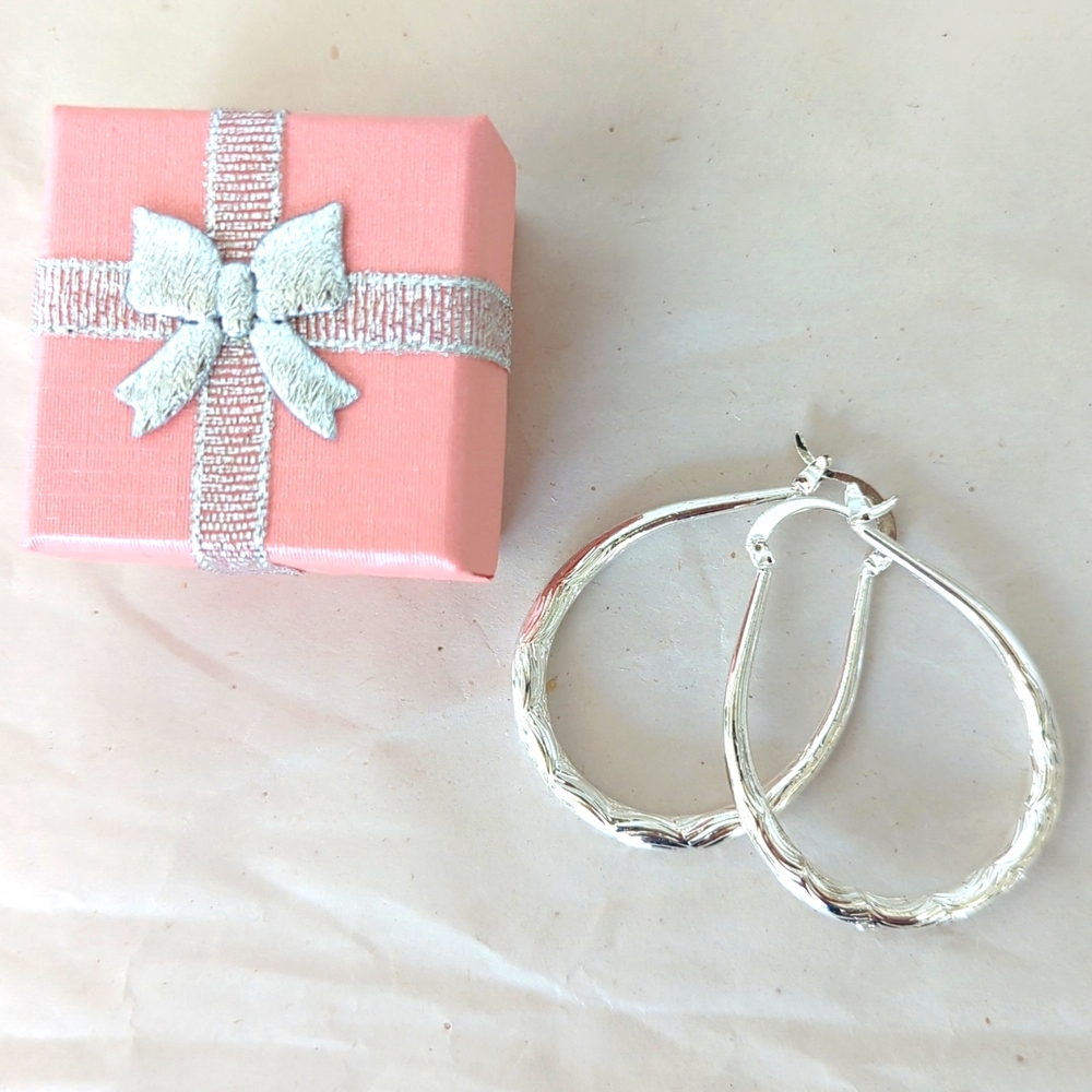 NWOT - Plated Silver Teardrop Hoops 1 1/2 in-will not tarnish